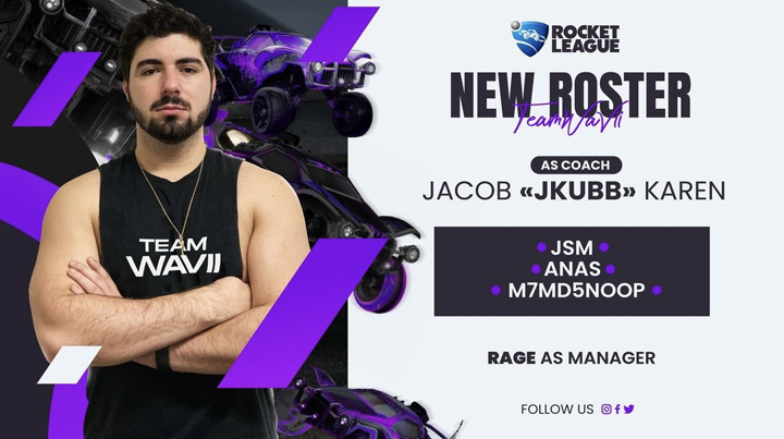 A graphic shows a photo of Jacob Karen with the words New Roster, as coach, Jacob "JKUBB" Karen, JSM, ANAS, M7MD5NOOP, Rage as manager