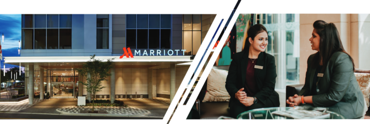 A composite photo showing the front of a Marriott hotel and two people chatting at a table