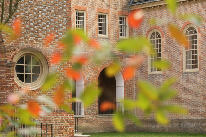 Beauty shot of the Wren Building in fall.