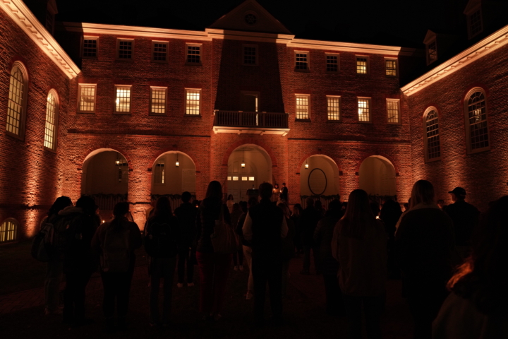 Crowd of people shown from the back in front of lit up Wren Building