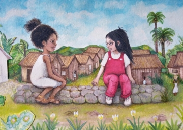 A drawing shows two girls sitting on a rock wall in front of a small village