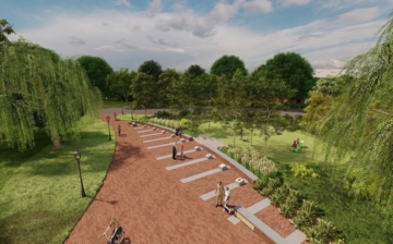 An illustration shows a brick pathway surrounded by trees