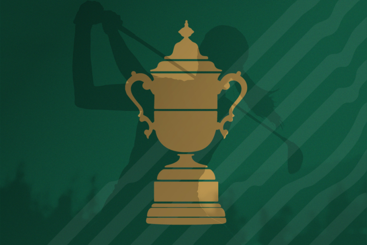 Illustration of women's golfer and championship trophy