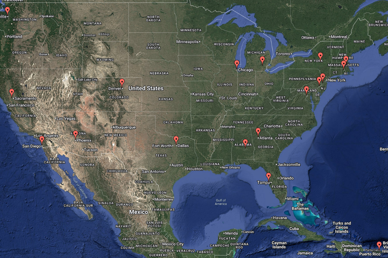 A map shows pins in various locations across the United States.