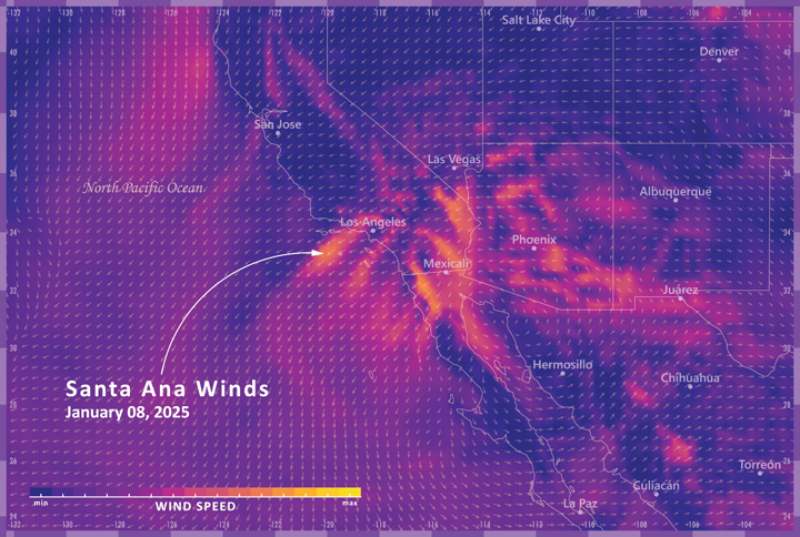 A heat map shows brighter colors over Los Angeles