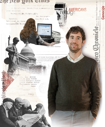 An illustration shows a person standing with their hands in their pockets against a background of historical images.