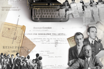 A composite image shows a number of historical images including people, passports, a typewriter and piles of papers and other documents.