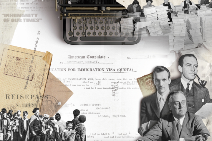 A composite image shows a number of historical images including people, passports, a typewriter and piles of papers and other documents.
