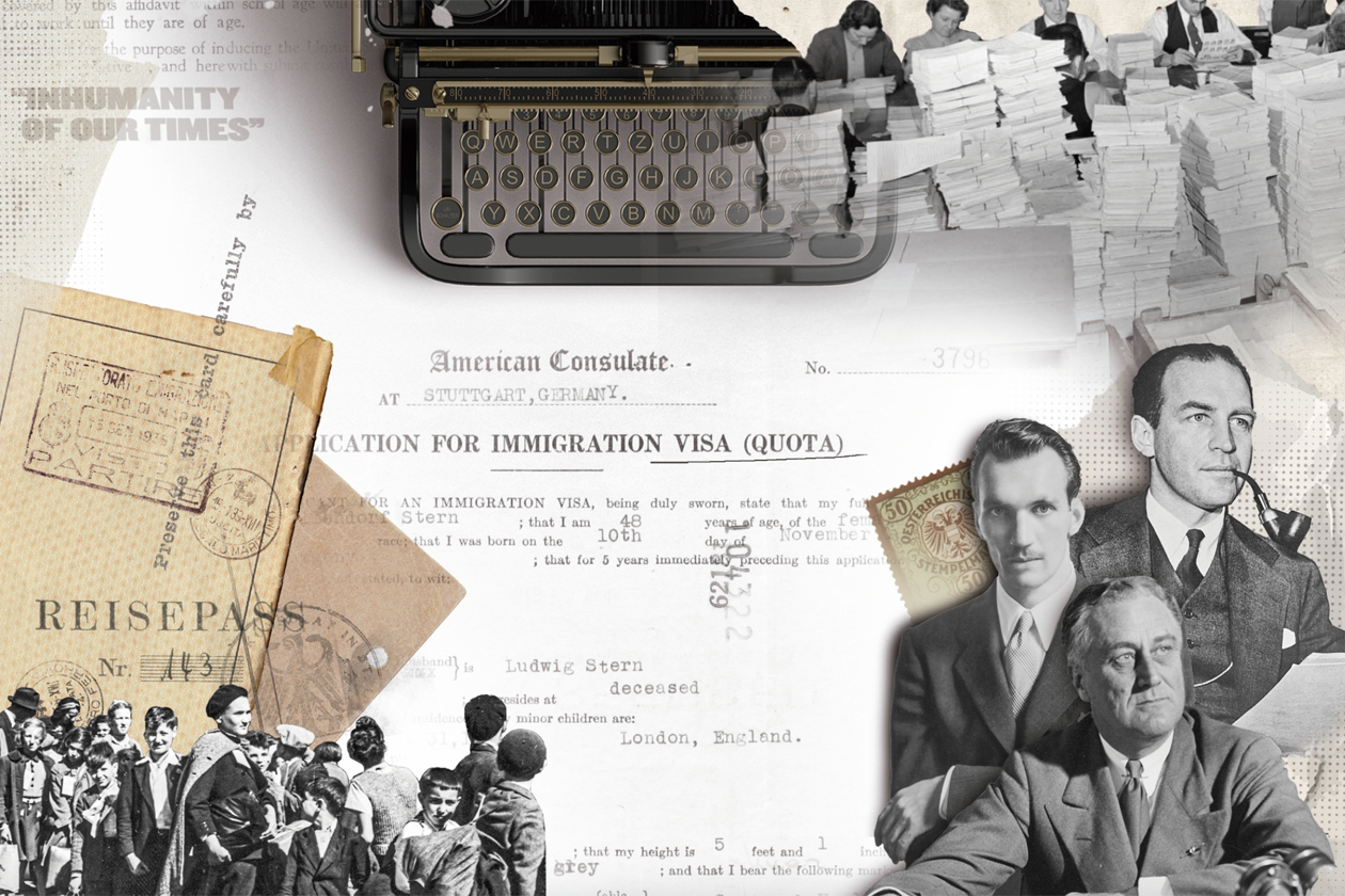 A composite image shows a number of historical images including people, passports, a typewriter and piles of papers and other documents.