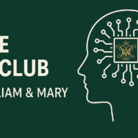 A graphic with the words 'the AI club' and a green background and image of a person's head with connections expanding from a W&M cypher in the middle