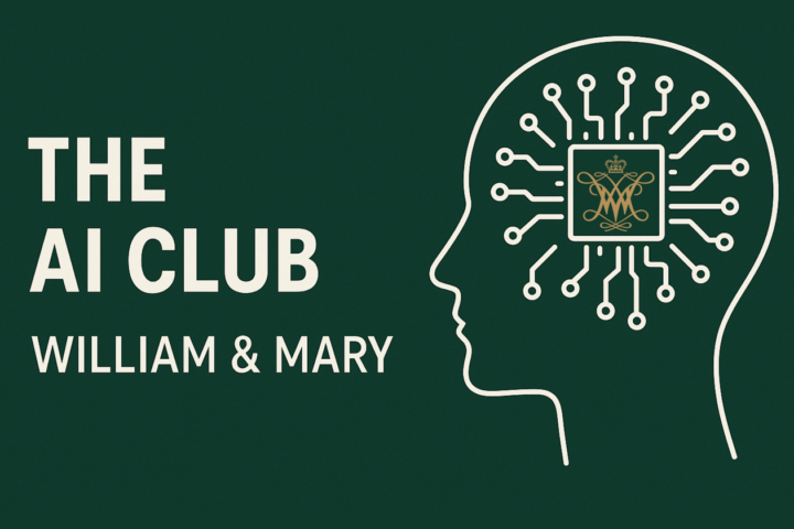 A graphic with the words "the AI club" and a green background and image of a person's head with connections expanding from a W&M cypher in the middle