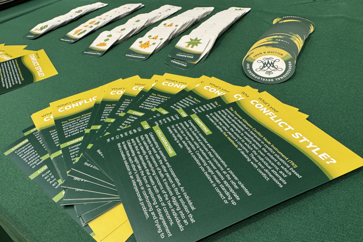 A number of paper materials are spread out on a table.