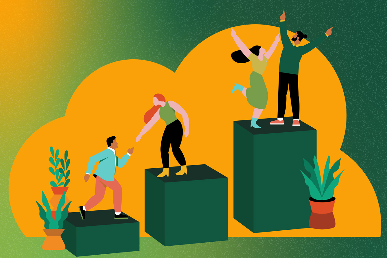 A graphic shows people walking up three steps and celebrating at the top.