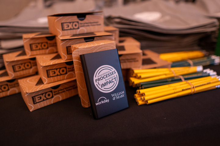 Several boxes of pens and bundles of pencils sit next to a notebook with "Streamlining processes, amplifying impact, Workday, William & Mary" on the cover.