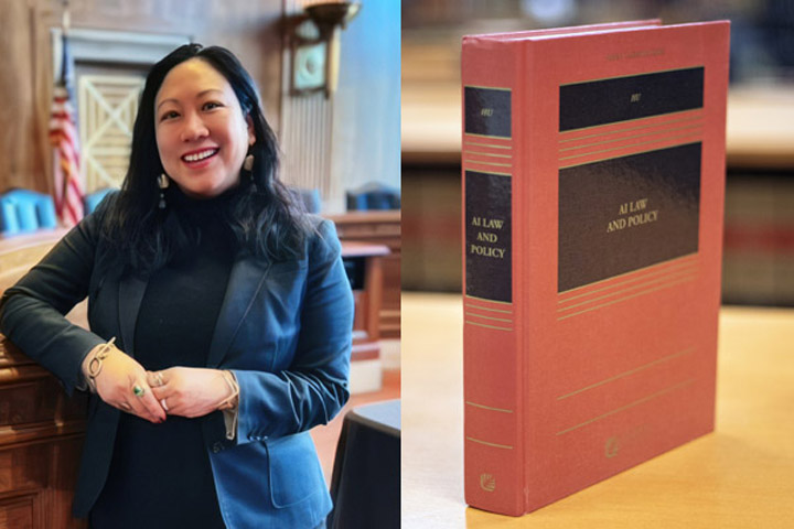 A composite photo showing Margaret Hu on one side and a book on the other.