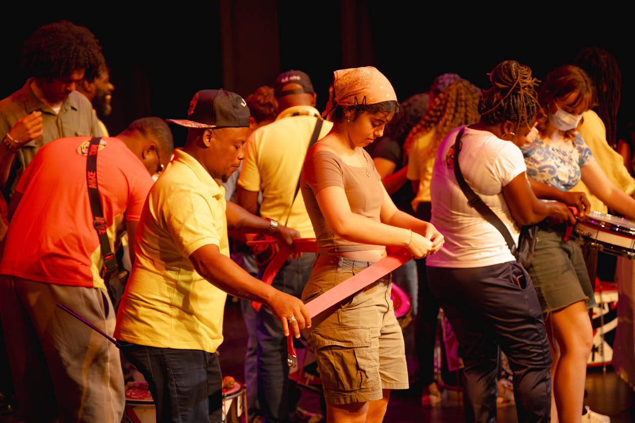 The legendary Afro-Brazilian street band Ilê Aiyê held the first of several Charles Center-sponsored Arts Masterclasses hosted by William & Mary’s Office of the Arts at Phi Beta Kappa Hall.