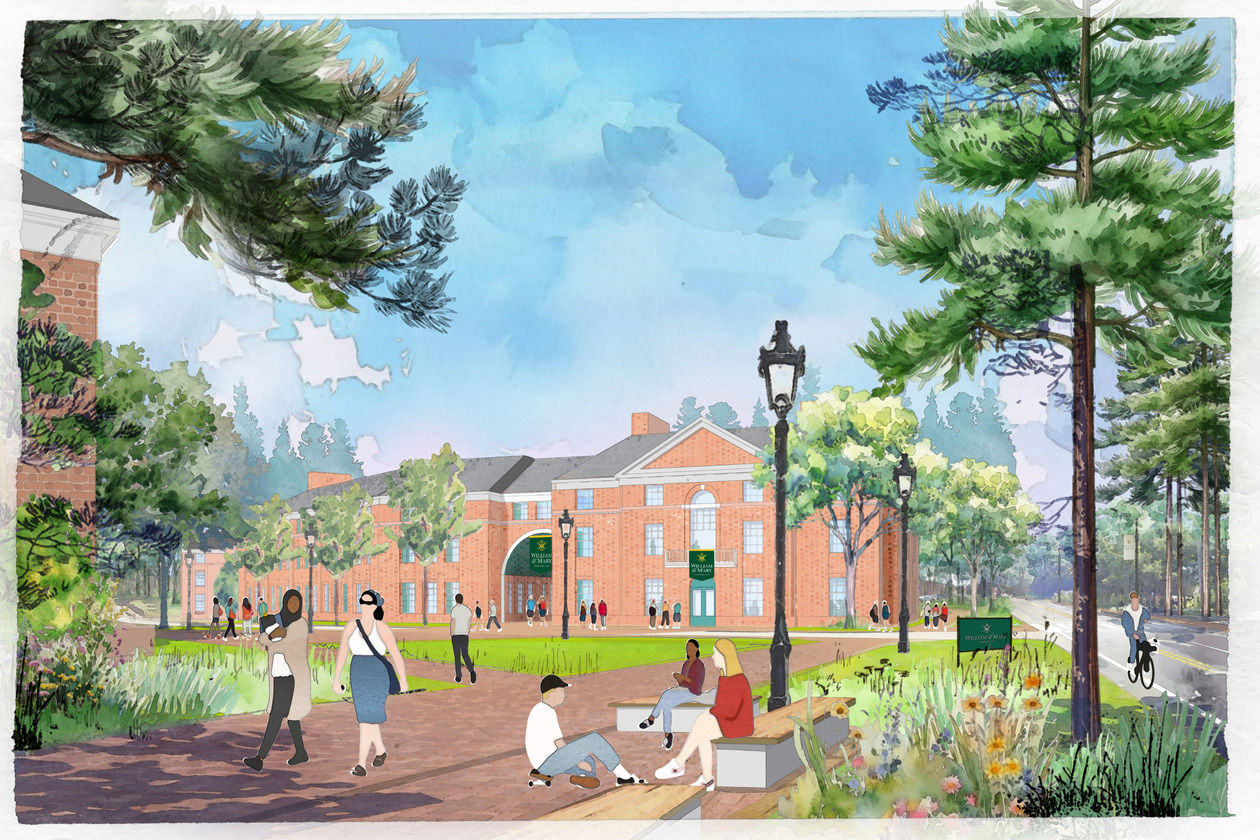 An artist's rendering shows people walking on bricks paths and sitting on benches near brick building.