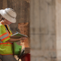 A person wearing a hardhat and safety vest writes on a notebook.