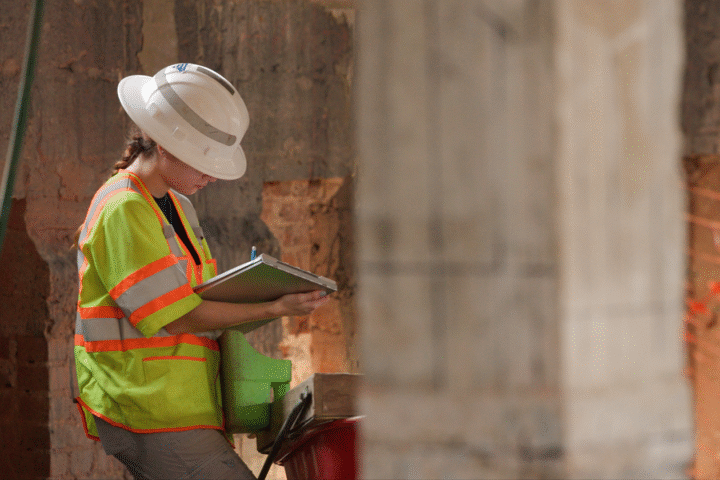 A person wearing a hardhat and safety vest writes on a notebook.