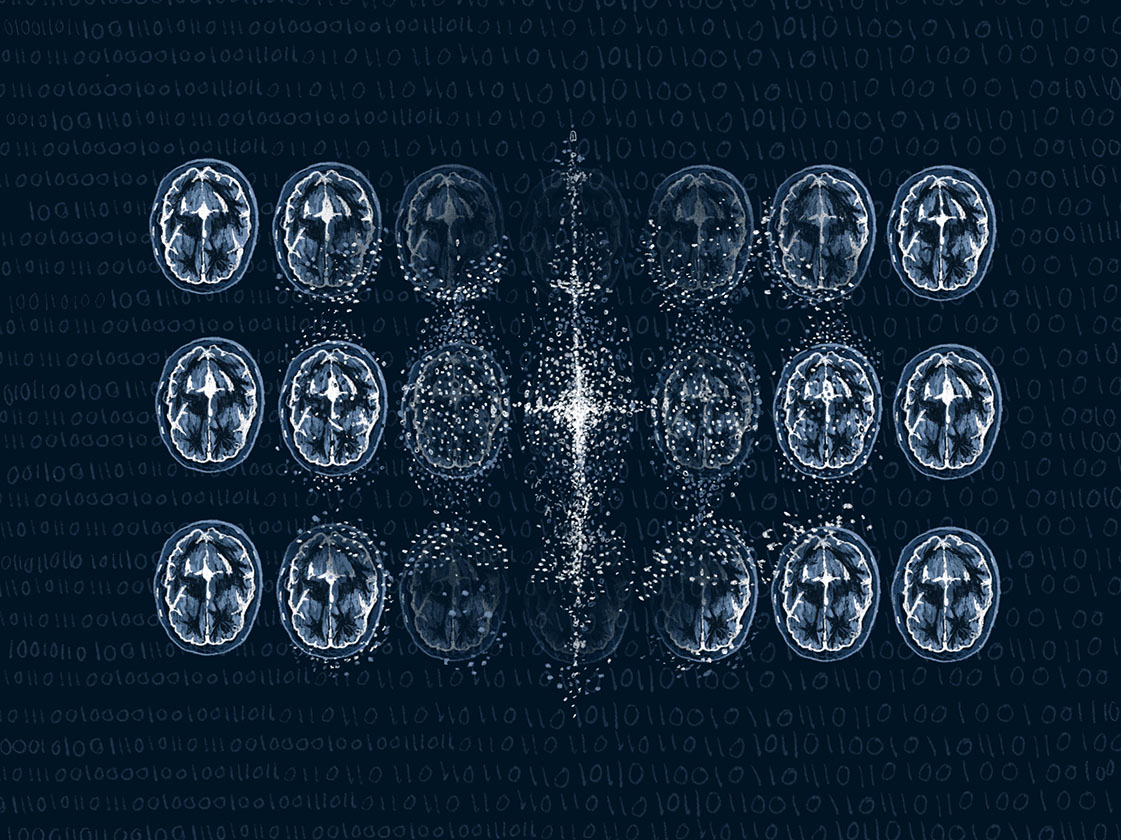 Graphic illustrating functional MRI brain scans being converted into synthetic scans.