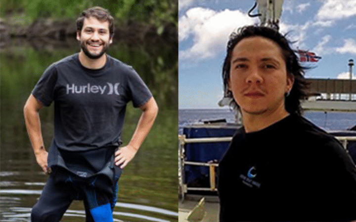 Two photos side-by-side show a person standing in water and another person on a boat.