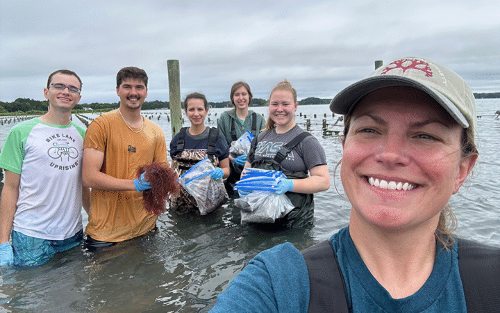 People stand in a body of water and hold plastic bags.