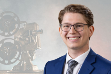 Gabe Kuenzli in a graphic that shows a movie film camera.