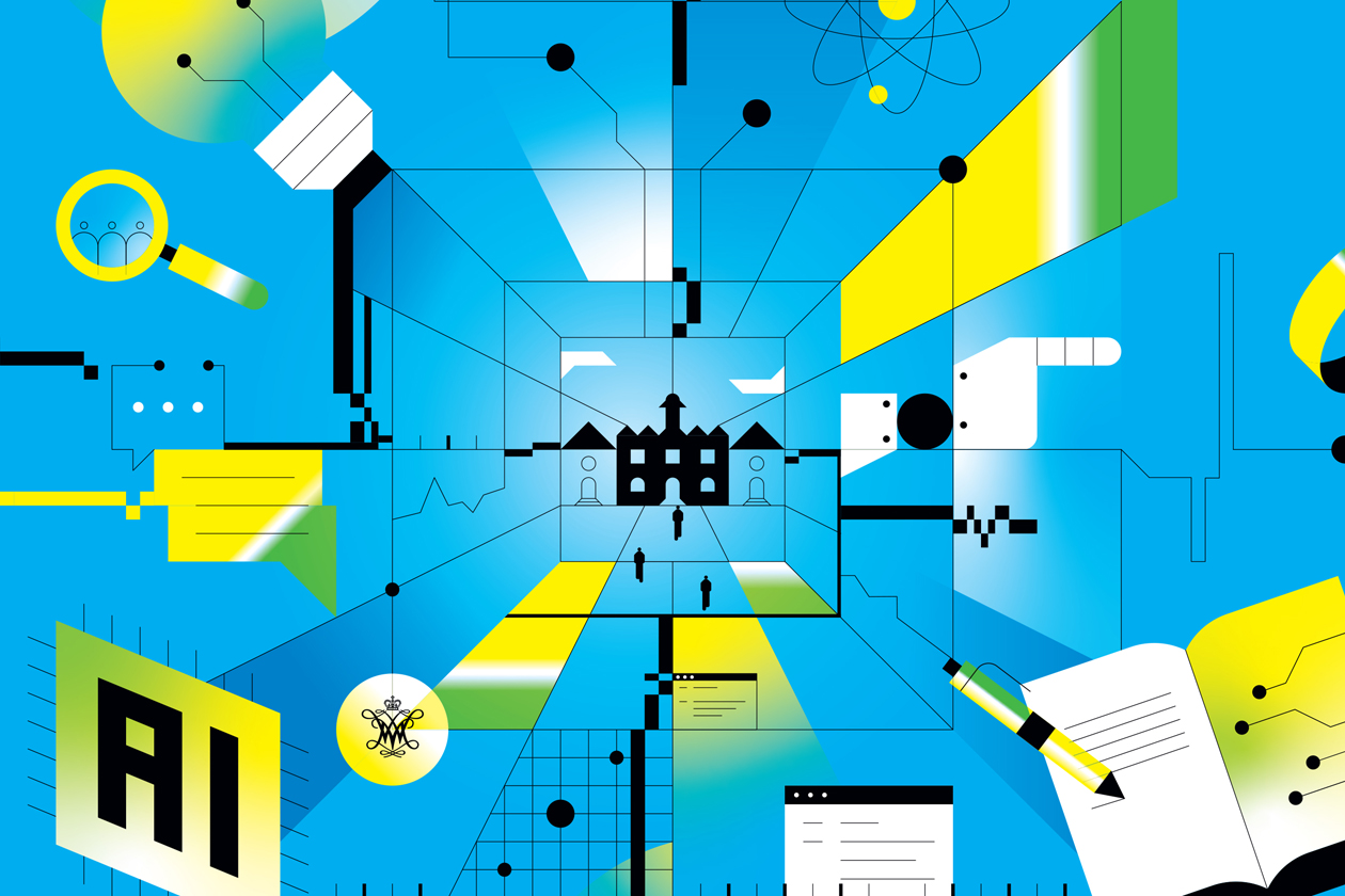 A graphic that shows a building in the middles and lines reaching outward.