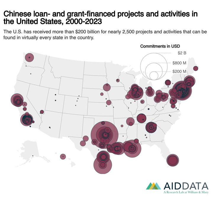 A map showing China's investments in the U.S. with large purple circles marking significant areas in Texas, the northeast, Florida, California and other place.
