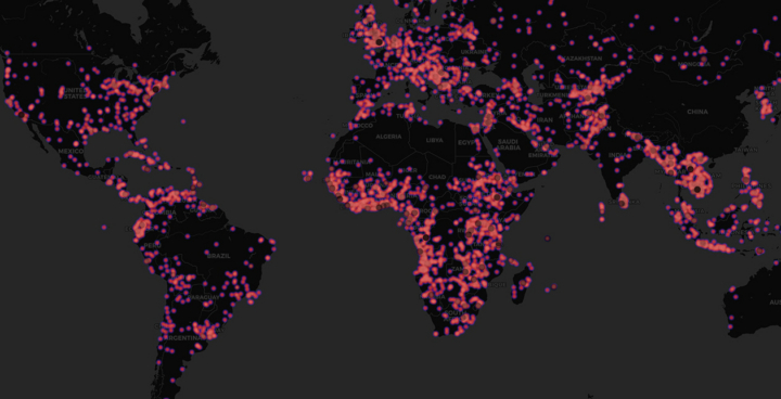 Map of the world with spots depicting the global scale of China's loans and grants.