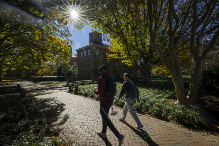 Two people walk down a brick pathway while the sun shines overhead through trees.