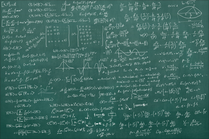 Photo of a blackboard with physics equations