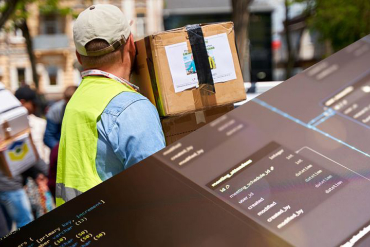 Top: Volunteer unloading boxes with humanitarian aid. Bottom: Blurred close-up of SQL database structure.