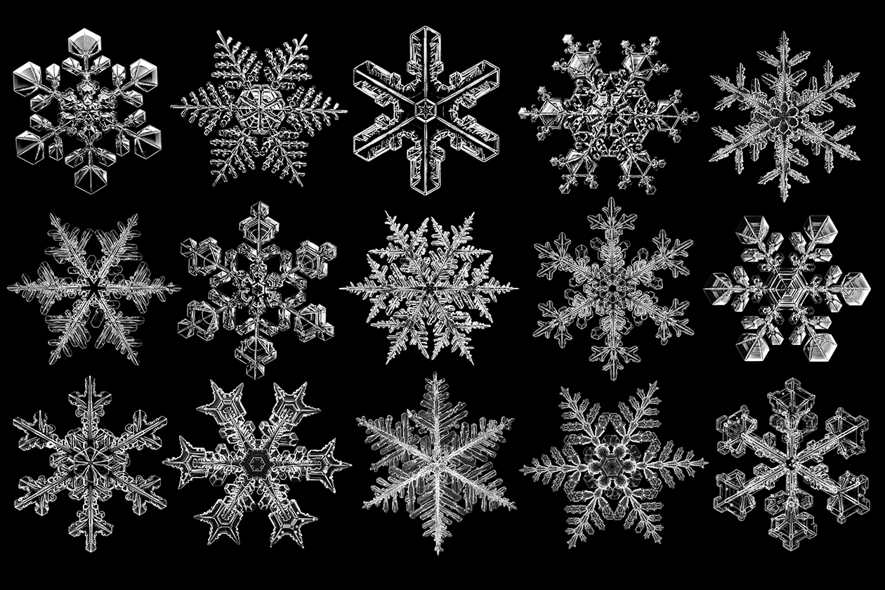 White snowflakes on black background.