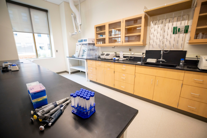 Lab equipment sits on a table across from cabinets and shelving.