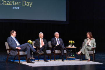 This is a photograph of a panel discussion on presidential leadership which occured at PBK hall on Feb. 5, 2026 featuring W. Taylor Reveley IV, W. Taylor Reveley III, Robert M. Gates and Katherine A. Rowe