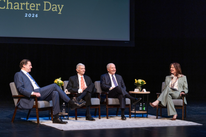 This is a photograph of a panel discussion on presidential leadership which occured at PBK hall on Feb. 5, 2026 featuring W. Taylor Reveley IV, W. Taylor Reveley III, Robert M. Gates and Katherine A. Rowe