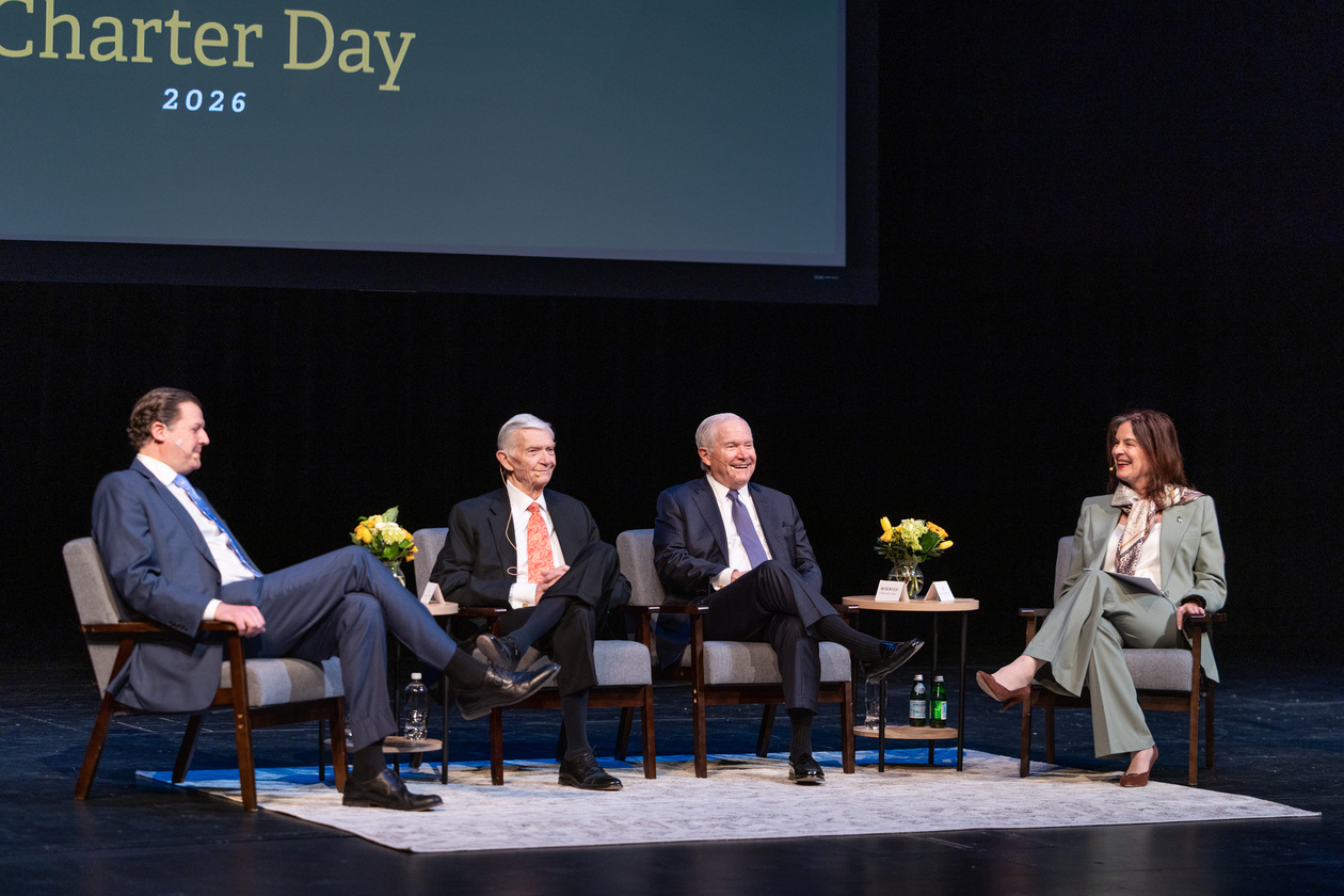 This is a photograph of a panel discussion on presidential leadership which occured at PBK hall on Feb. 5, 2026 featuring W. Taylor Reveley IV, W. Taylor Reveley III, Robert M. Gates and Katherine A. Rowe