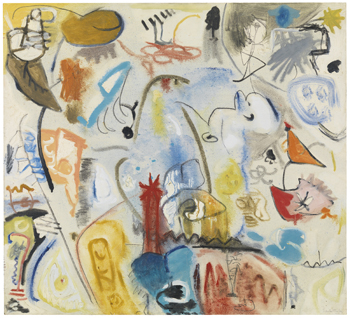 An abstract painting shows a variety of shapes and colors.