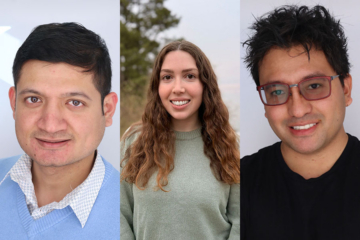 A. composite photo shows headshot of three graduate students.