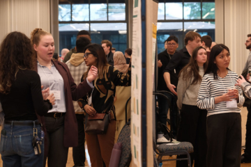 Students talking to each other during a poster presentation