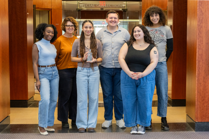 This is a photo taken outside Swem Library's Special Collections unit of the students and the professor who are working on the Black Women's Diary Project