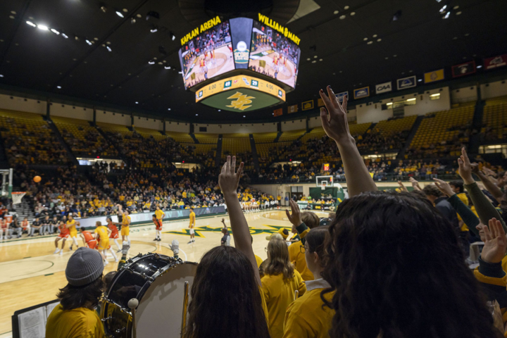 People a large arena cheer on basketball teams.