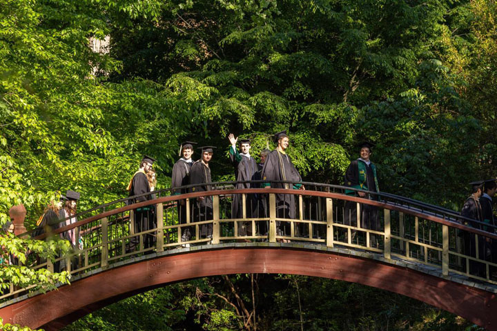 People in caps and gowns walk across a curved, wooden bridge.