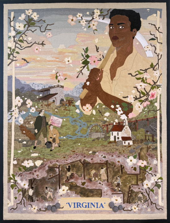 This is a photograph of the completed Virginia panel in the America's Tapestry project