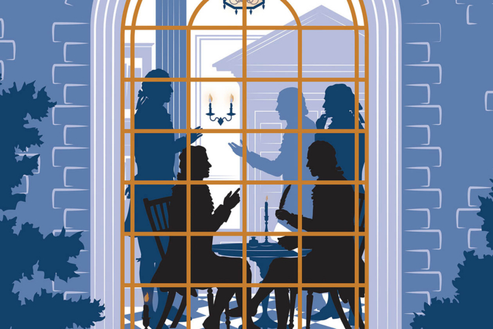An illustration shows people in silhouette through a window.