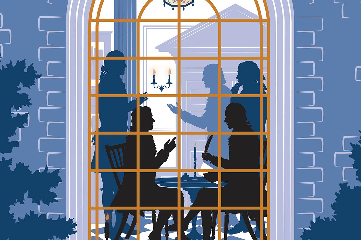 An illustration shows people in silhouette through a window.