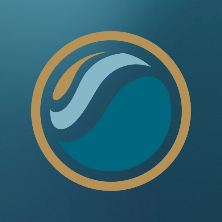 A graphic shows a circle on a blue background with wave-like images within the circle.