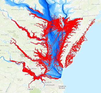 A map shows the Chesapeake Bay with red marking where data was recorded.