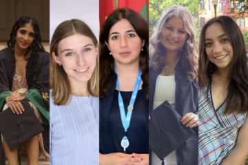 Five photos of Fulbright scholar winners. One student poses in front of the Wren in a graduation gown; Another has blonde hair and wears a blue top; Another wears a dark navy shirt and a light blue lanyard; Another wears a white dress under her graduation gown; and the final student wears a light blue dress covered in various colored stripes.